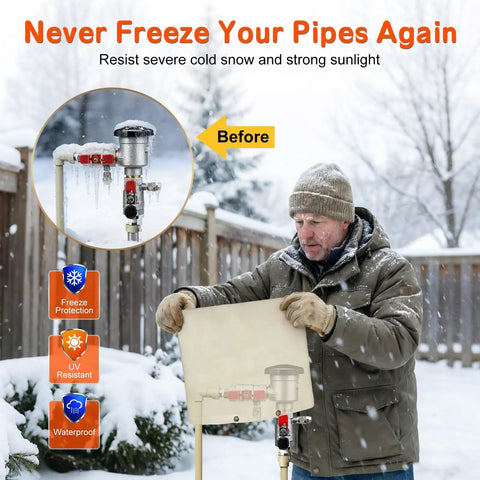 Man installing Backflow Preventer Cover With 5F Freeze Protection, 5 Layer Insulated And Waterproof Sprinkler Valve Pouch outdoors.