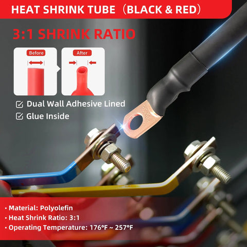 Heavy Duty Copper Wire Ring Terminals Kit For 1/0 Gauge Cables with 3/8 inch lug and black heat shrink tubing, installation view
