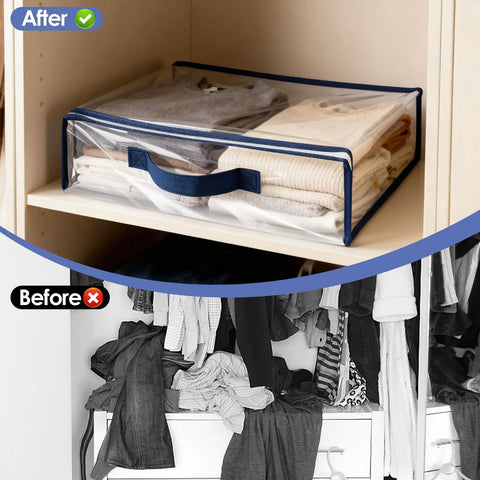 Heavy-Duty Clear Storage Bags With Zipper, 12 Pack, organizing clothes in closet, showcasing tidy vs messy space.