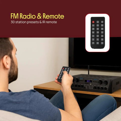 Man using remote to control 4 Channel Bluetooth Audio Amplifier For Home Stereo And Karaoke Use With 500W Peak Power.