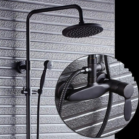 UMJIGF Shower System with Hot and Cold Water Black Shower Faucet Set multifunction design showcasing round shower head and handheld shower.