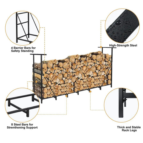Diagram of Eight Foot Outdoor Firewood Rack With Waterproof Carrier Bag And Adjustable Heavy Duty Steel Holder for camping.