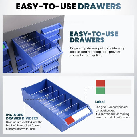 Built Like A Tank Heavy Duty 100 Drawer Parts Cabinet Steel Bolt Organizer showcasing easy-to-use blue drawers with dividers.