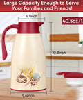 40.5 Oz Thermal Coffee Carafe With Glass Lined Vacuum Insulation in kitchen, red lid beside for easy pouring.