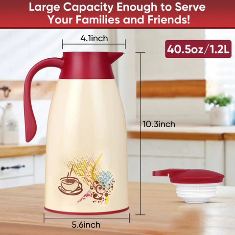 40.5 Oz Thermal Coffee Carafe With Glass Lined Vacuum Insulation in kitchen, red lid beside for easy pouring.