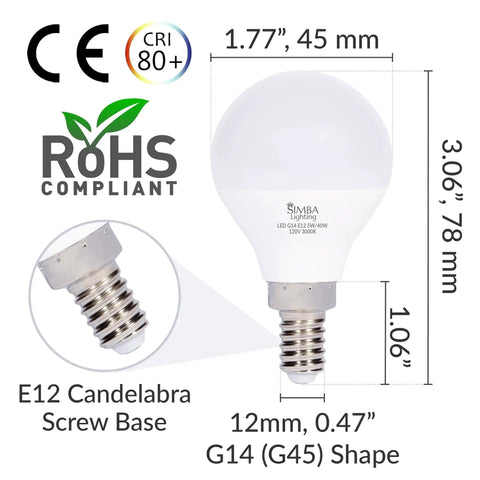 Soft White 3000K LED Candelabra Bulb 5W 400 Lumens E12 Base G14 Globe Frosted Round A15 Non Dimmable Replacement For Ceiling
