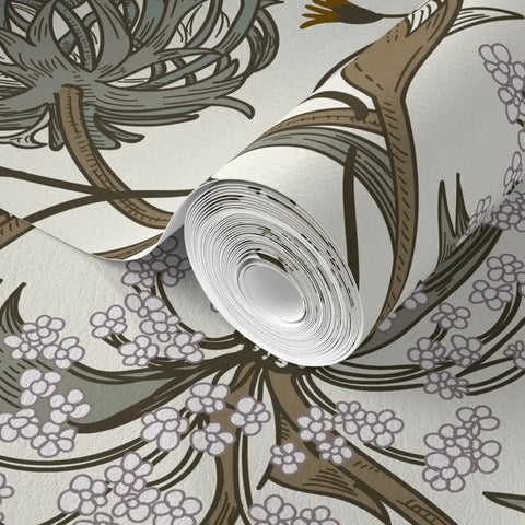 Close-up of Straight Up Stunning Jumbo Floral Neutral Wallpaper With Matte Linen Texture, rolled and ready for installation.