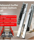 Built Tough Three Section Undermount Drawer Slides showing three sections, thickened steel, and red rebound buffer for quiet operation.