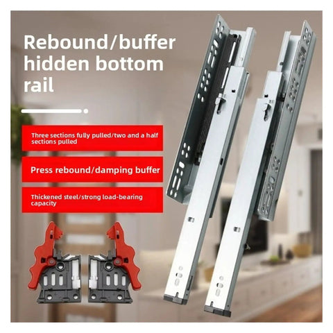 Built Tough Three Section Undermount Drawer Slides showing three sections, thickened steel, and red rebound buffer for quiet operation.