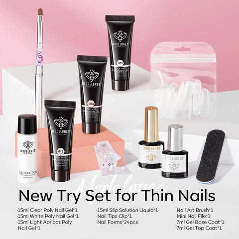 Pro Grade Poly Gel Nail Kit With 3 Colors Clear White Apricot Slip Solution 24 Nail Forms Base Coat Top Coat in pink box