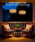 Laid Back Vibes 13 Inch Battery Powered Rattan Chandelier With Adjustable Brightness Dimmer And Timer For Gazebo Patio Or Pergola waterproof lights illuminating a cozy porch.