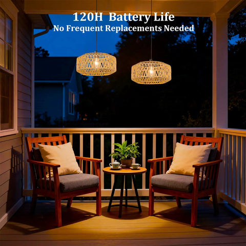 Laid Back Vibes 13 Inch Battery Powered Rattan Chandelier With Adjustable Brightness Dimmer And Timer For Gazebo Patio Or Pergola waterproof lights illuminating a cozy porch.