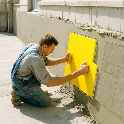 Installer using Eight Piece Concrete Stamping Mats Set With Reusable Polyurethane Texture Mats for stamping concrete wall.