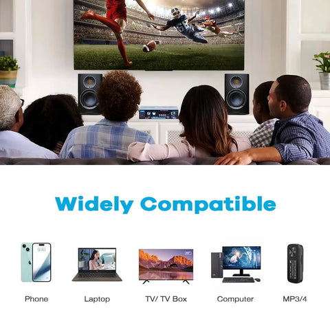 Bluetooth 5.0 Mini Stereo Amplifier 30W X2, Beefy 200W Peak Power setup in home theater with compatible devices shown