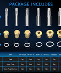 Pro Grade Oil Pan Drain Plug Thread Repair Kit 114 Piece Universal Set with taps, plugs, and washers displayed.