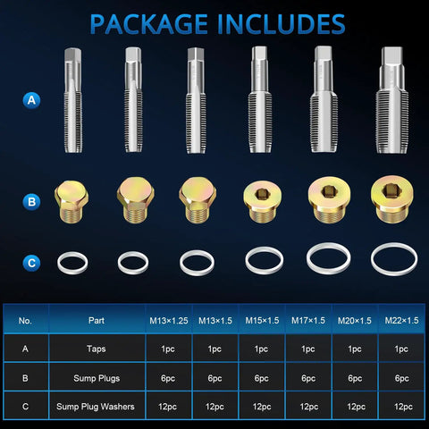 Pro Grade Oil Pan Drain Plug Thread Repair Kit 114 Piece Universal Set with taps, plugs, and washers displayed.