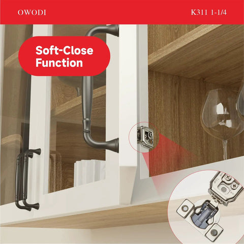 Close-up of cabinet with installed 40 Pack Soft Close Cabinet Hinges For Face Frame Doors 1-1/4 Inch Overlay Concealed Hinges.