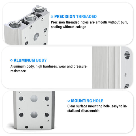 Pneumatic 200M Two Position Manifold Base For 4V210 4V220 4V230 Solenoid Valves One Quarter Inch Aluminum Block with threading and mounting holes.