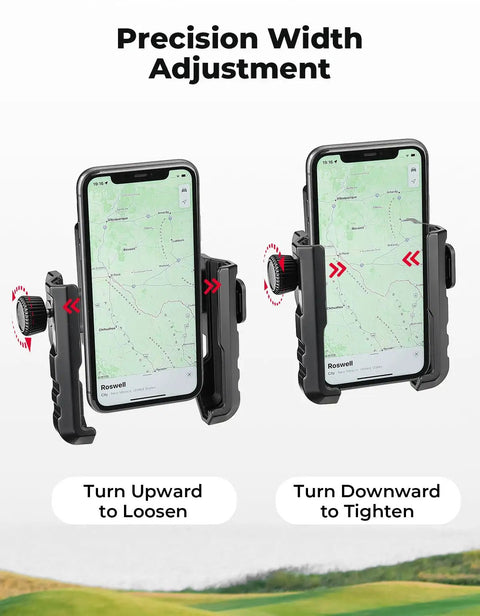 Hella Strong Magnetic Golf Cart Phone Holder And Tractor Mount featuring adjustable clamp for secure phone fit.