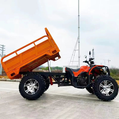 Heavy Duty Utility Trailer With Bucket For Tractor And ATV Use, parked on concrete with raised orange bucket, side view.