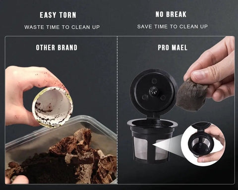 Comparison of disposable K Cup coffee filters; other brand messy vs. Pro Mael easy cleanup for Keurig 1.0 and 2.0 brews.