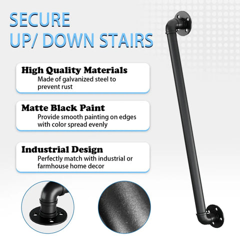 Heavy Duty Industrial Pipe Stair Handrail Black Wall Mount Safety Grab Bar For Indoor Outdoor Steps With Full Mounting Kit Built Tough Matte Black Finish showing galvanized steel construction and matte finish.