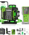 4D Self Leveling Green Laser Level With Receiver For Construction And Framing 360 Degree Cross Lines 400 Ft Range positioned beside smartphone and accessories.