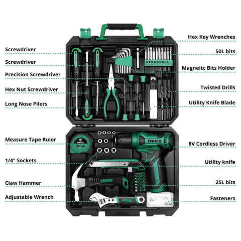 Sweet Green 8V Cordless Drill Tool Kit With Rugged Storage Case 126 Piece Heavy Duty Hand Tools For Diy Home Repairs with various tools