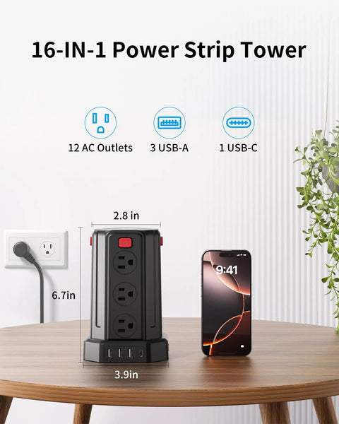 All In One Desktop Charging Station With Twelve Outlet Tower Six And A Half Foot Extension Cord Four USB Ports One USB C And Three USB A For Home Office Dorm Setup Boss Level Power Hub For Any Desk Space, black 16-in-1 tower