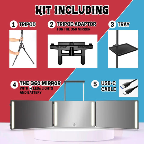 360 Self Grooming Mirror With Tripod And LED Lights For At Home Pro Grade Haircuts including tripod, tray, and adapters