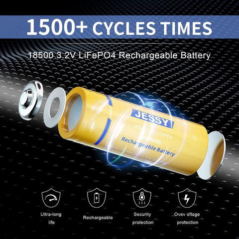 Image of 18500 3.2V LiFePO4 Rechargeable Battery with exploded view, highlighting ultra-long life and security features