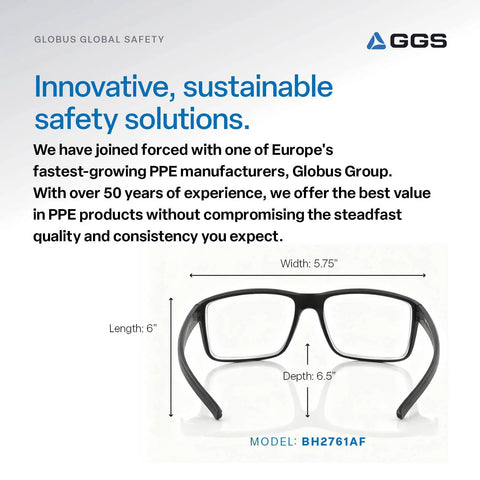 Sleek Lightweight Safety Glasses With No Sweat Anti Fog And Scratch Resistant Lenses Non Slip Sport Frame model BH2761AF, dimensions shown.