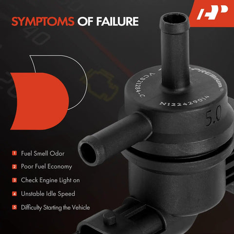 Close-up of EVAP Vapor Canister Purge Solenoid Valve Compatible With Hyundai Accent Santa Fe with symptoms of failure displayed