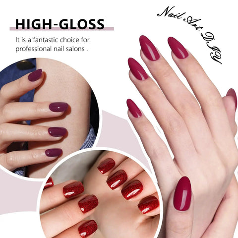 Manicured hands with Six Color Gel Nail Polish Set With Christmas Shades Soak Off UV Gel Polish For Nail Art Manicure DIY