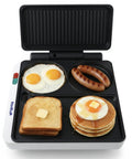 StarBlue 2-in-1 Indoor Electric Grill And Press With Non Stick Griddle Surface For Burgers And Breakfast, cooking eggs, sausage, toast, and pancakes.