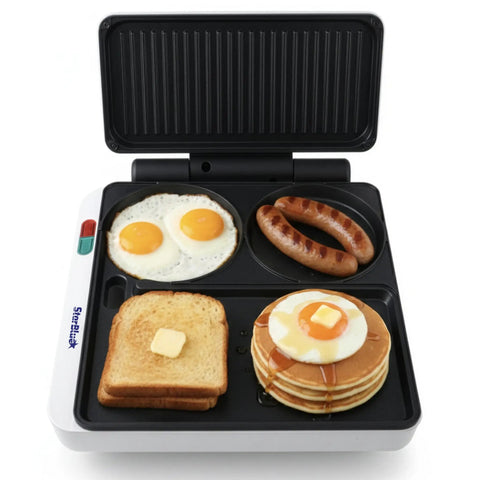 StarBlue 2-in-1 Indoor Electric Grill And Press With Non Stick Griddle Surface For Burgers And Breakfast, cooking eggs, sausage, toast, and pancakes.