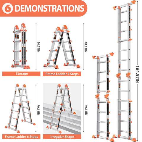 Frame Style 4 Step Extension Ladder, 11.4 Ft Telescoping Aluminum With Anti Slip Stabilizer Bar, 330 Lb Load, Multi Position Ladder For Stairs, Home, Roof, Outdoor Projects, Easy Open And Stable Setup, 6 demonstrations