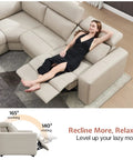 Woman relaxing on Power Recliner Sectional Sofa With Storage And USB Port, Leather Look Reclining Couch With Adjustable Headrest