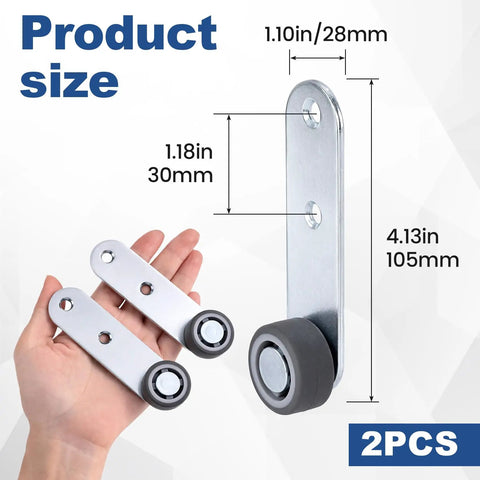 Durable Steel Construction Two Pack 1.5 Inch Anti Sag Door Support Wheels Low Profile Caster Hardware shown with measurements.