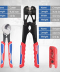 All In One Battery Cable Lug Crimping Tool Kit For 8 To One Zero AWG With 63 Copper Lugs And 25 Heat Shrink Tubes Wire Cutter And Stripper One Hand Adjustable Crimp Tool For Copper And Aluminum Cables displayed with dimensions