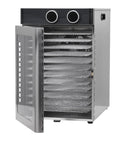 Badass Electric Food Dehydrator With Twelve Stainless Steel Trays And Killer 1200W Motor for drying with open door and trays visible.