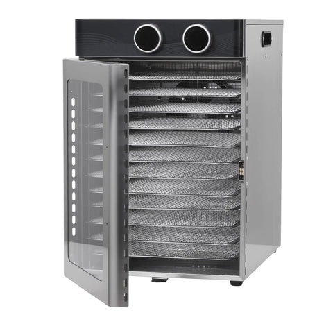 Real Deal 12 Tray Electric Food Dehydrator Featuring Slick Stainless Steel Racks And 1200 Watt 360 Degree Heat System Plus Easy Turn Controls showing open door and stacked trays.
