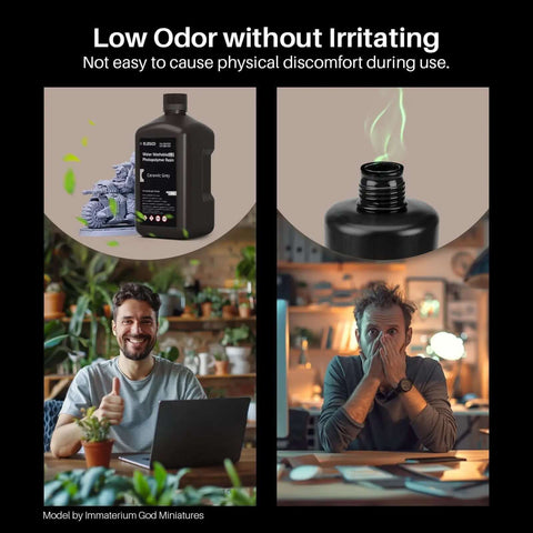 Collage highlighting Water Washable Resin 2.0 low odor use in home setting, focusing on ease and comfort during 3D printing process.