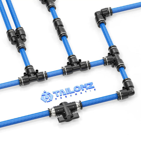 Blue 10mm OD Reinforced Polyurethane Air Tube Hose For Air Lines And Fluid Transfer setup with connectors, industrial view.