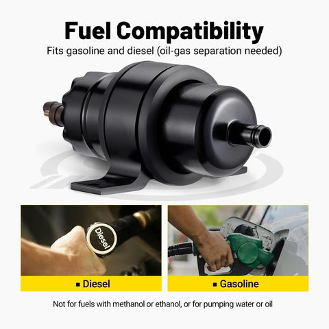 External Inline Fuel Pump 12V-13.5V High Flow 255 LPH, 115 PSI High Pressure with fuel compatibility for gasoline and diesel