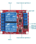 Top view of Two Channel 5V Relay Module with Optocoupler Isolation, showing relays, indicator lights, and connection points.