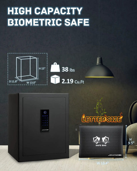 1.33 Cu Ft Biometric Safe Box With Fireproof Waterproof Document Bag, compact home office vault shown with dimensions and weight