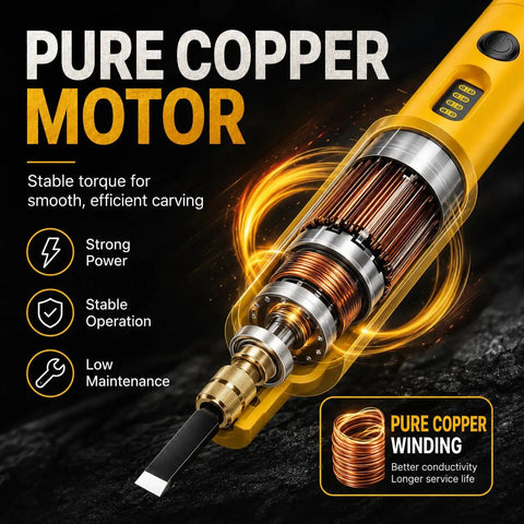 Close-up of the pure copper motor inside the No Fuss Cordless Electric Wood Carving Tool With Kickass Battery Life And Hella Smooth Blade Swaps.