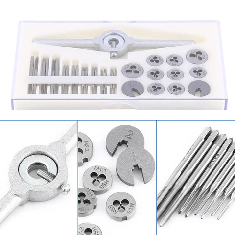 All In One 30 Piece Tap And Die Set For DIY And Pros High Speed Steel Threading Tool Kit For Internal And External Threads With Tapping Wrench And Complete Tools For M1.0 To M2.5, HSS taps and dies in case