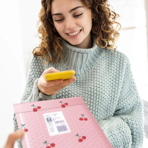 Woman holding a phone and pink bubble mailer with cherry design; Pink Bubble Mailers 6x10 Inch 100 Pack Waterproof Self Seal Padded Envelopes